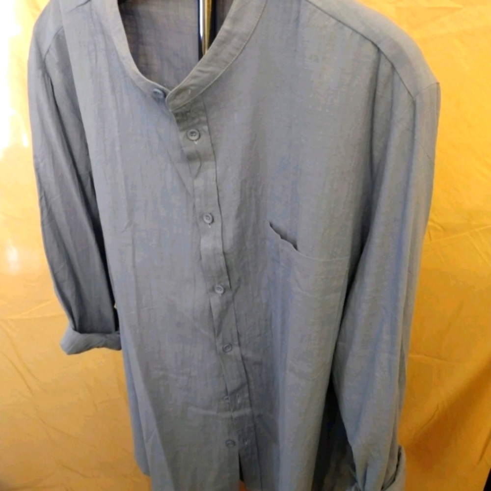 Hipster Collarless Button Up 100% Cotton Green Shirt XL